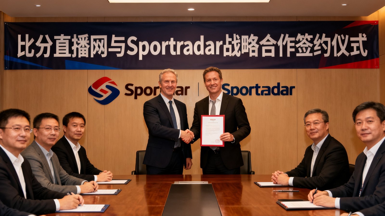 比分直播网与Sportradar战略合作签约仪式现场，双方代表握手并展示合作协议文件